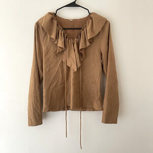 Y2K‎ Western Cowgirl Faux Suede Ruffle Collar Blouse Top Brown M Festival Boho